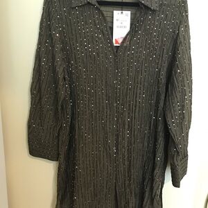 Zara Olive Sequin Button-Up Blouse